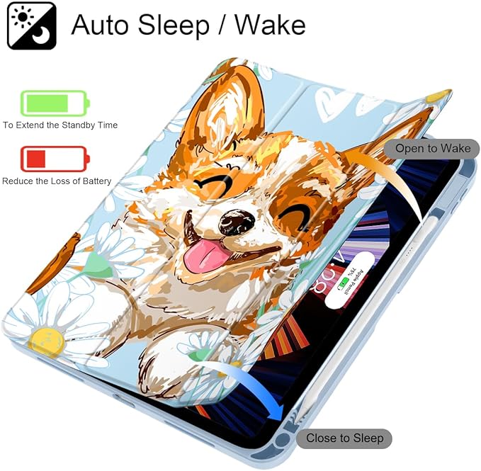 Case for iPad Air 11'' (M4 2026/M3 2025/M2 2024)/ iPad Air 10.9'' Air 5th /4th Gen Shockproof Cover with Clear Back Shell &amp Penceil Holder Auto Wake/Sleep Stand Cover Cute Corgi Dog
