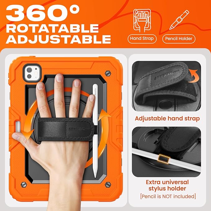 SEYMAC stock Case for iPad Pro 11-inch M5-M4 2025-2024 Shockproof Heavy Duty Case with Screen Protector Pencil Holder Rotating Stand Hand Strap Shoulder Strap Orange