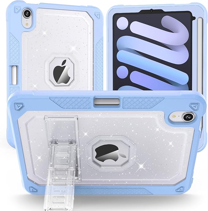Case for iPad mini A17 Pro for iPad mini 7th/6th Generation Case 8.3 inch 2024/2021 with Pencil Holder/Stand Slim Cover for i Pad Mini 7/6 (Clear Glitter/SkyBlue)
