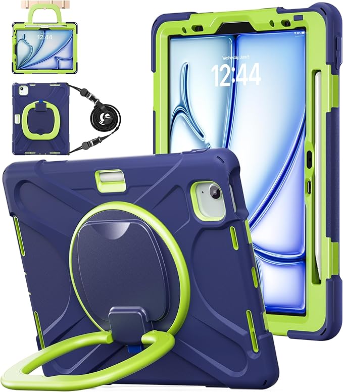 BATYUE Case for iPad Air 11-inch M4(2026)/ M3(2025) /M2(2024) iPad Air 5th/4th 10.9 inch(2022/2020) iPad Pro 11 inch 4th/3rd/2nd/1st Cover with Pencil Holder Kickstand &amp Strap for Boy (NavyLime