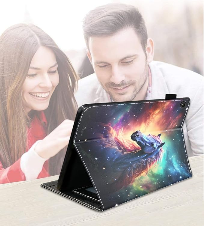Case for Amazon Kindle Fire 7 Tablet (7 9th/7th Generation 2019/2017 Release) Slim PU Leather Cover with Card Slot &amp Auto Wake/Sleep Galaxy Nebula Horse