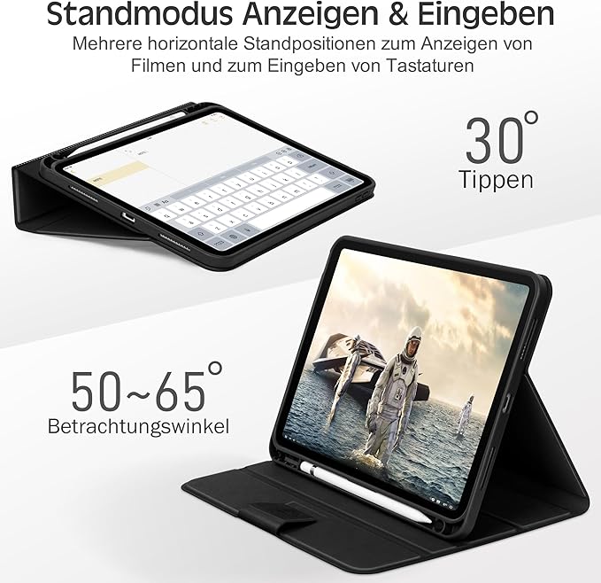KingBlanc Case for iPad (A16) 11th Generation 11-inch 2025 iPad 10th Generation 10.9 2022 with Pencil Holder Vegan Leather Protective Stand Cover Auto Sleep Wake Multi-Angle Viewing/Typing Black
