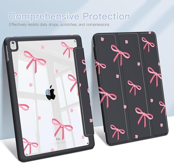 Teryeefi for iPad 10.2 case 2021 20202019 Release 7th 8th 9th Generation Built in Pencil Holder - Stand-Auto Wake/Sleep TPU &amp Hard Stand Clear Back Cover for 10.2 iPad (Black Bow)