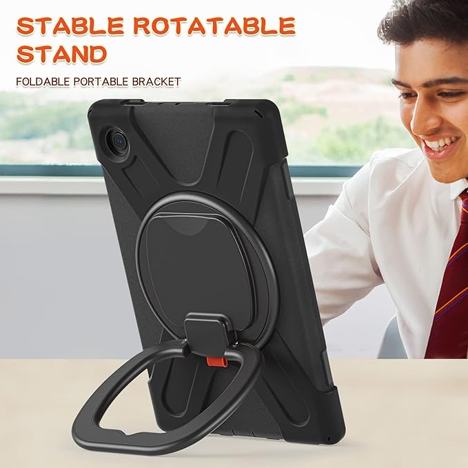 Case for Galaxy Tab A8 10.5 2022 (SM-X200/ X205/ X207) Heavy Duty Protective Case with 360 Degree Swivel Stand&ampHand Strap&ampShoulder Strap (Black)