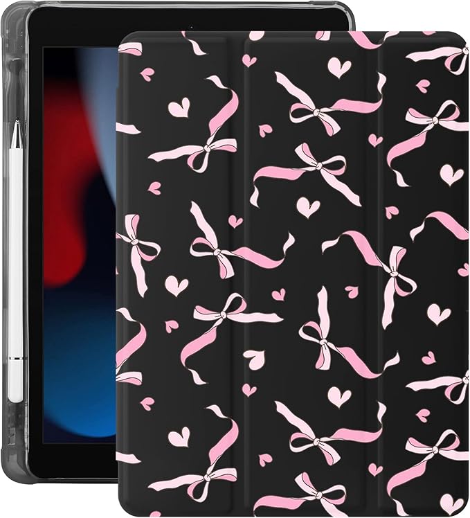 Idocolors Case for iPad 11 inch (A16 Chip) 2025 Generation 11th / iPad 10.9 inch 2022 10th Gen Built-in Pencil Holder with Soft TPU Shockproof Back Shell Auto Wake/Sleep Pink Bow-Black