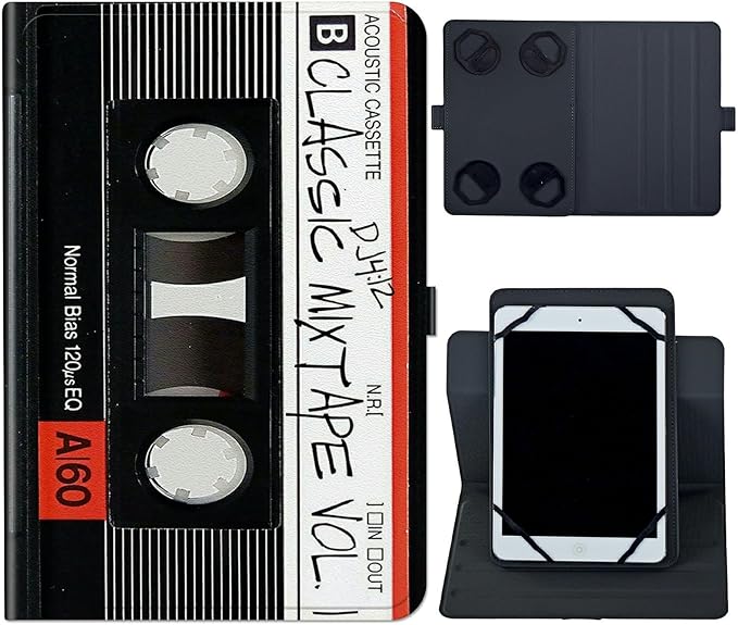 6 7 Inch Tablet CaseUniversal Case for 6-7 Inch Tablet eReader7 Kindle Series e-Reader Tablet Stand Folio Shell Cover with 360 Degree Rotatable Kickstand Multiple ViewingRetro Audio Cassette