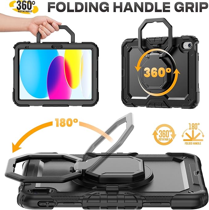SEYMAC stock Shockproof Tablet Case for iPad (A16) 11th/10th Generation 11''/10.9'' Full-Body Drop Protection Case with Pencil Holder &amp [360 Ring Handle Stand] Screen Protector (Black)