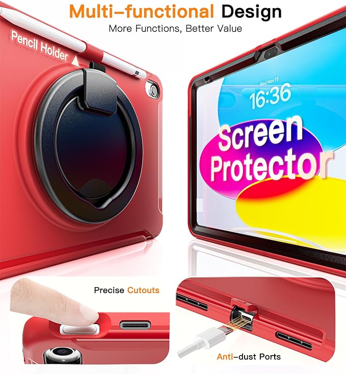 BATYUE Shockproof Case for iPad 10th Gen 10.9 2022 / 11th Gen (A16) 11 2025 | 360° Multi-Angle Stand (Portrait &amp Landscape) &amp Grip Built-in Screen Protector Pencil Holder Red