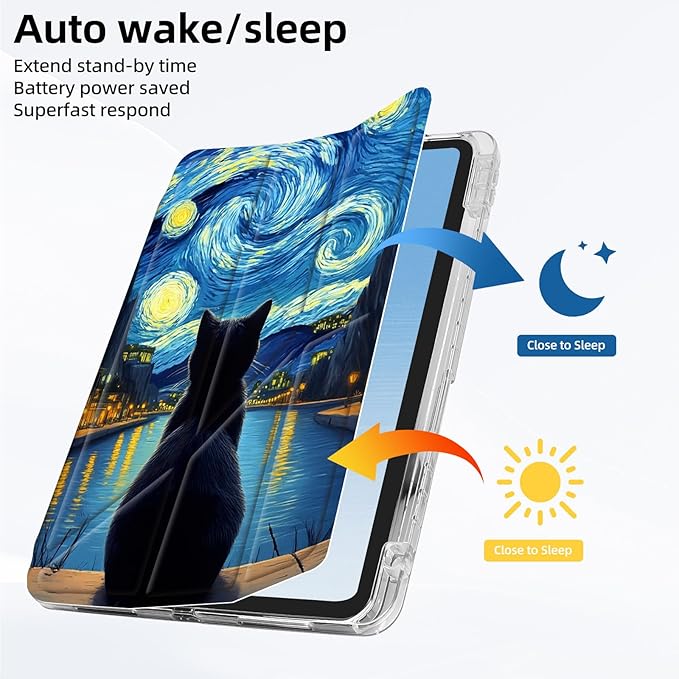 for iPad A16 (11th Generation) Case with Pencil Holder Foldable Y-Shaped Protective Cover Stylish Clear Multi-Angle Viewing &amp Auto Sleep/Wake Tablet Case Starry Night Cat