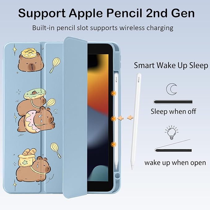 Cute Kawaii Capybara for iPad mini 7 A17 Pro 2024/iPad Mini 6 Case with Pencil Holder Auto Sleep/Wake Blue Leather Clear Acrylic Back Cover