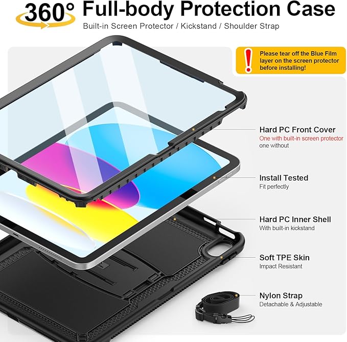 SEYMAC stock Case for iPad (A16) 11th/10th Generation 11''/10.9'' 2025/2022 with Built-in Screen Protector Shoulder Strap Built-in Kickstand Rugged Full Body Shockproof Protective Case Black
