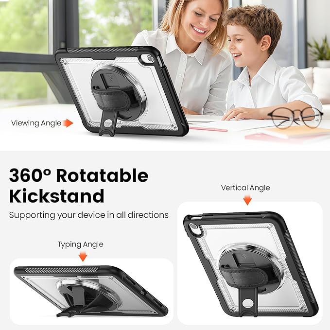 Clear Case for iPad (A16) 11th/10th Generation 11''/10.9'' 2025/2022: Shockproof Protective Case with Hand/Shoulder Strap Pencil Holder Rotate Stand Screen Protector