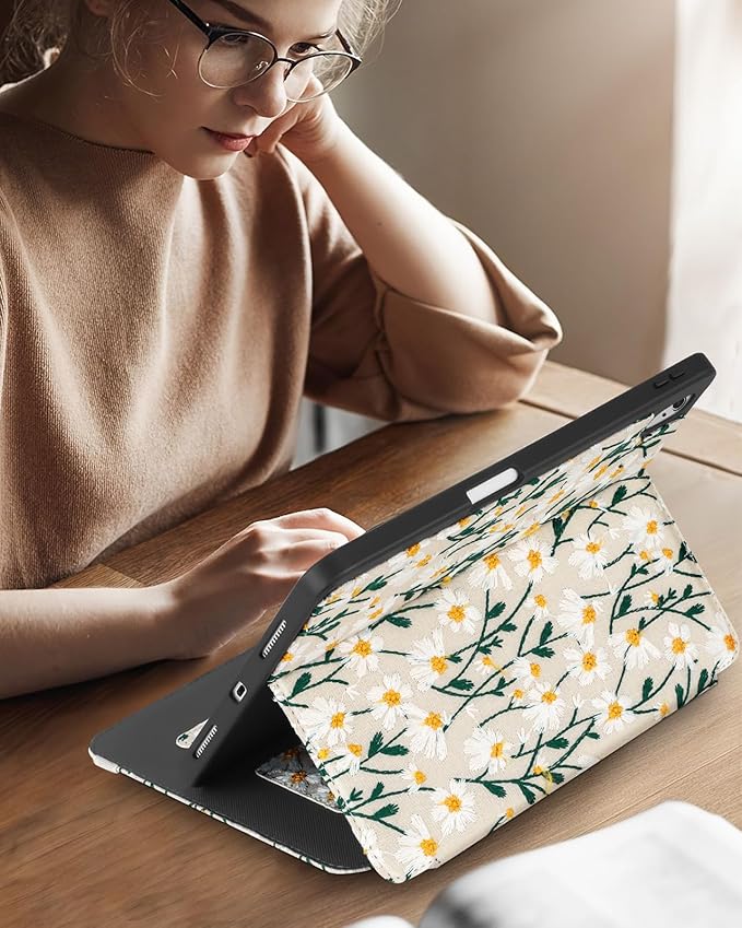for iPad 10th Generation Case for iPad (A16) 11th Generation Case - Women Girls Cute Embroidered Folio Stand Cover with Pencil Holder &amp Card Slot Girly Kawaii Daisy Flowers Aesthetic Cases