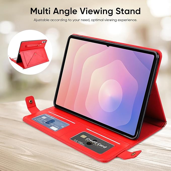 Tablet Carrying Shoulder Bag Case for Samsung Galaxy Tab S11 Ultra 14.6 Inch 2025 SM-X930 X936B PU Leather Hand Strap Crossbody Shoulder Strap Cards Holder Pocket S Pen Holder Stand CaseRed
