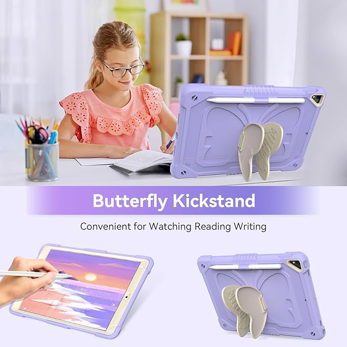 for iPad 9th Generation Case 10.2 inch for Kids Girls with Butterfly Kickstand Shoulder Strap Pencil Holder Rugged Cover for iPad 9th 8th 7th Gen 2021 2020 2019 Purple