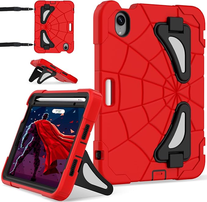 Case for iPad mini 7 (A17 Pro) 2024 iPad mini 6 Case 2021 8.3-Inch Kids Friendly Shockproof Cover with Kickstand Shoulder Strap Pen Holder Support Pencil Pro &amp Pencil USB-C Red Black