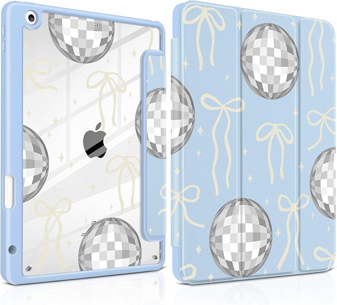 MEEgoodo Case for iPad 10.2 inchTablet Cases for iPad 9th Generation 2021/8th Gen 2020/7th Gen 2019 with Clear Acrylic Back Shell+Pencil Holder+Auto Wake/Sleep+Trifold StandSilver Disco Balls &amp