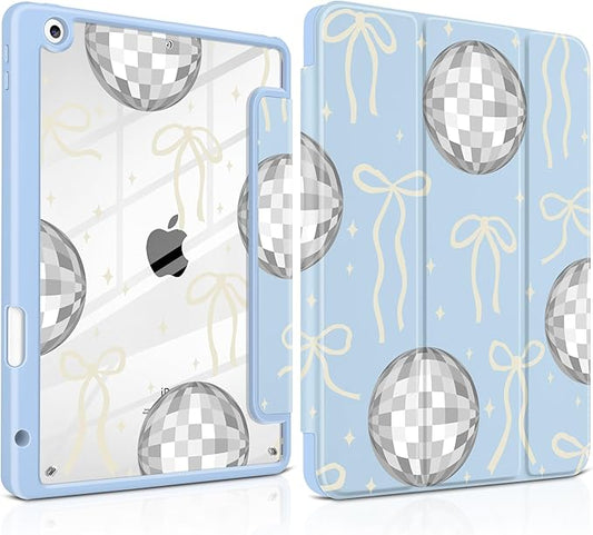 MEEgoodo Case for iPad 10.2 inchTablet Cases for iPad 9th Generation 2021/8th Gen 2020/7th Gen 2019 with Clear Acrylic Back Shell+Pencil Holder+Auto Wake/Sleep+Trifold StandSilver Disco Balls &amp
