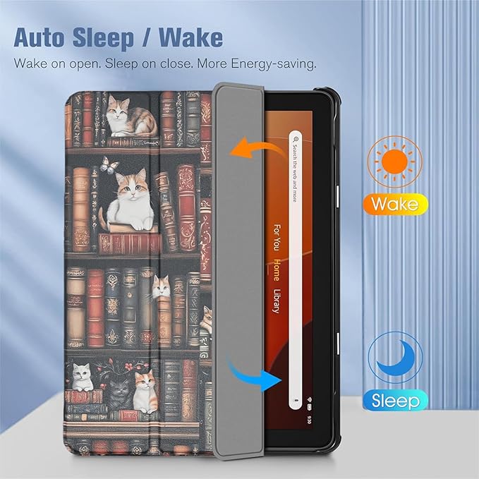Case Fits New Amazon Fire HD 10 Tablet Case(Only Fit 13th Gen 2023 Release) Bookshelf Gifts for Women Trifold Lightweight Hard Shell Stand Cover with Auto Wake/Sleep Cat