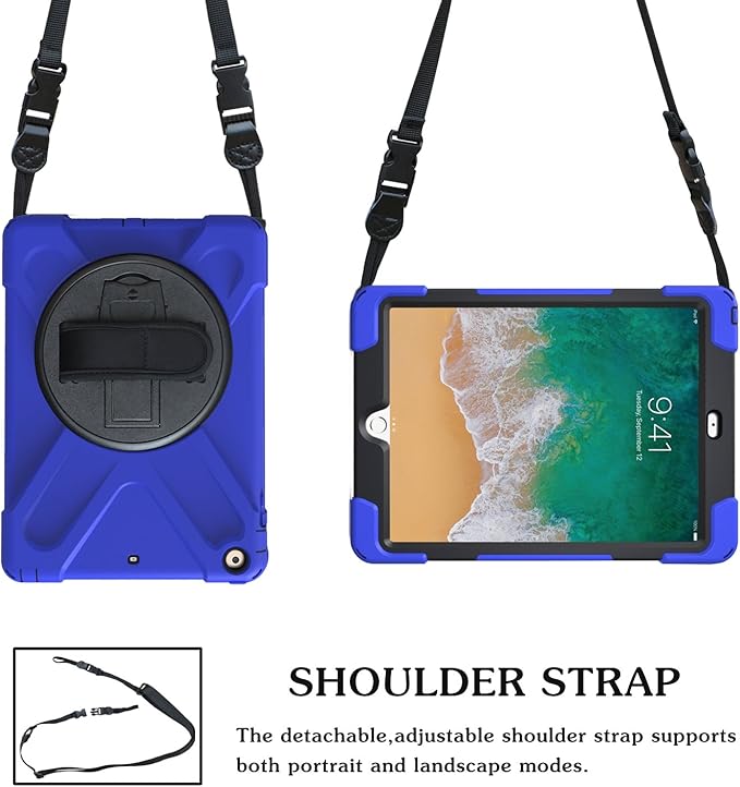 iPad Air 1 Case for Kids 2013 TSQ Case for iPad Air 1st Generation 9.7 Inch Full Body Rugged Hybrid Rubber Protective Cover w/Swivel Stand Hand Grip Shoulder Strap for iPad Air 1st Gen Blue