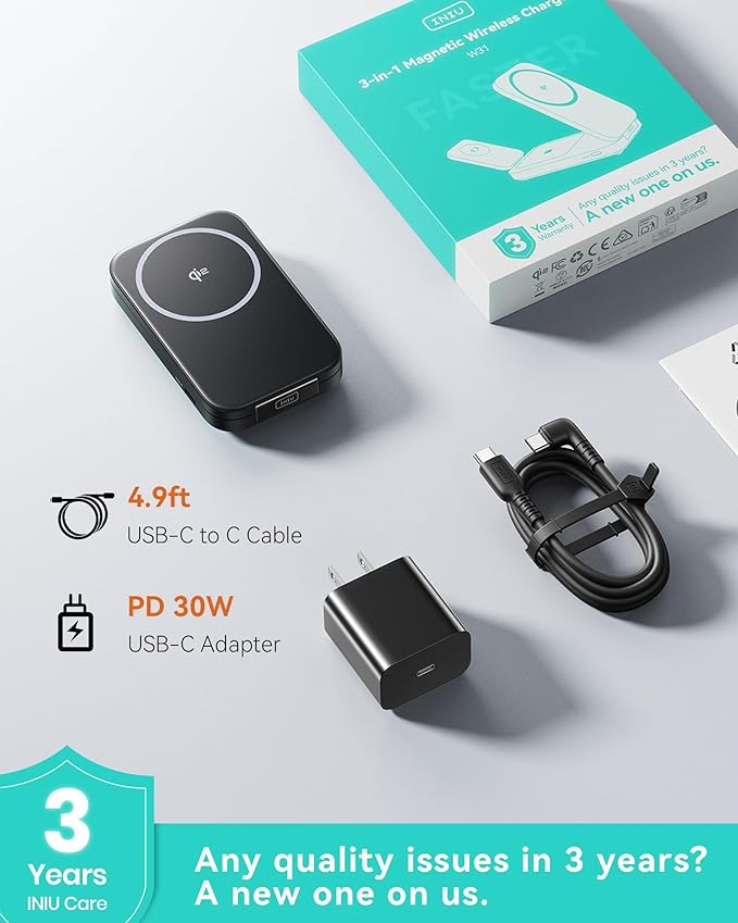 INIU 3 in 1 Wireless Charging Station Qi2 Certified 15W Travel Charger for Apple Multiple Devices Foldable Magnetic Wireless Charger Stand for iPhone 17 16 15 14 13 12 Series Apple Watch AirPods