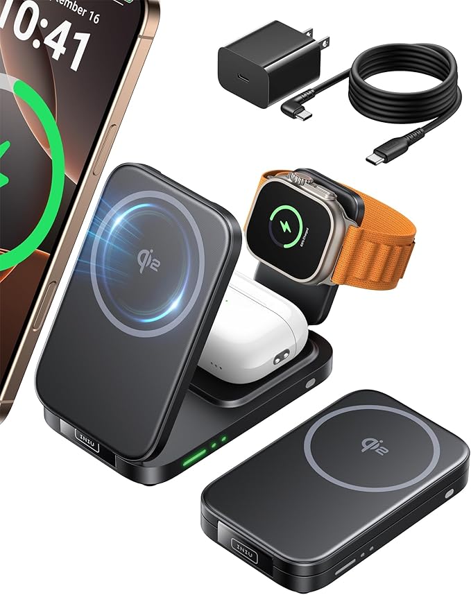 INIU 3 in 1 Wireless Charging Station Qi2 Certified 15W Travel Charger for Apple Multiple Devices Foldable Magnetic Wireless Charger Stand for iPhone 17 16 15 14 13 12 Series Apple Watch AirPods
