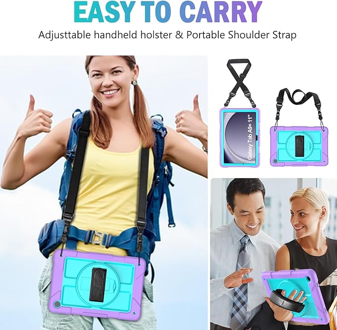 BMOUO for Samsung Galaxy Tab A9+/A9 Plus Case 11 2023 (SM-X210/X216/X218) Shockproof Galaxy Tab A9 Plus Case with Rotating Stand and Hand/Shoulder Strap Purple+Teal