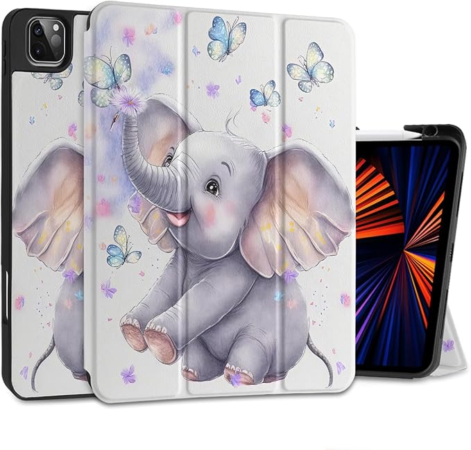 DONGKE Case for 2022/2021/2020/2018 iPad Pro 11 inch Gen 4/3/2/1 - Slim Protective Case - Built in Pencil Holder Support Charging - Trifold Stand &amp Sleep/Wake Cover - Elephant &amp Butterflies