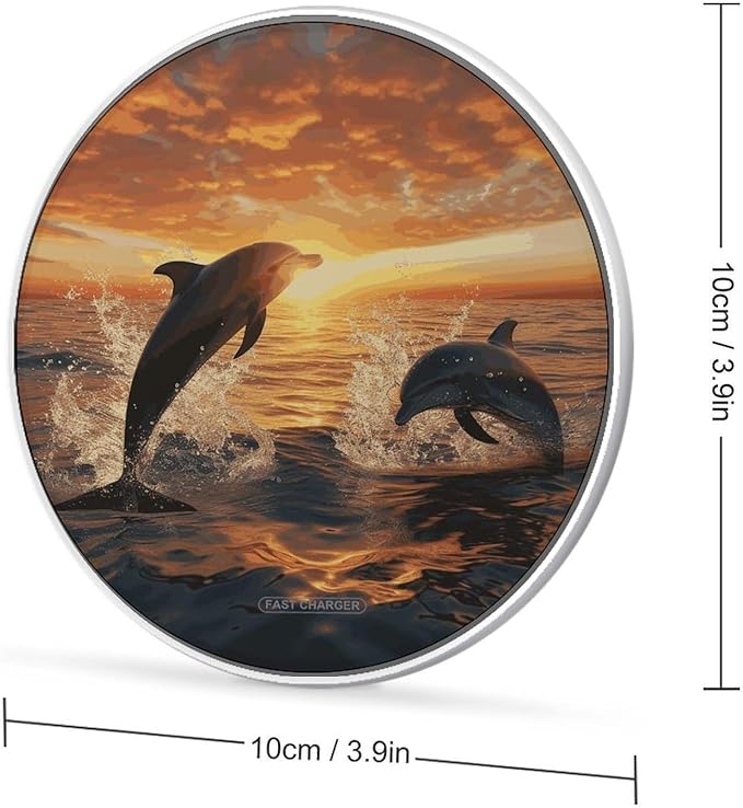 Dolphins Jumping Out of The Water at Sunset Wireless Charger Fast Wireless Charging Pad with USB Cable 10W Anti-Slip Magnetic Wireless Charger Portable Slim Charger Puck Travel Charging Station