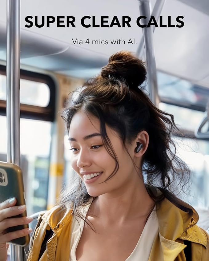 Soundcore P30i by Anker Noise Cancelling Earbuds Strong and Smart Noise Cancelling Powerful Bass 45H Playtime 2-in-1 Case and Phone Stand IP54 Wireless Earbuds Bluetooth 5.4 (Black)