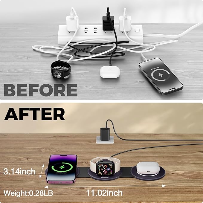 Hicober 3 in 1 Charging Station for Apple Multiple Devices Foldable Travel Wireless Charger 18W for iPhone Air 17 16 15 14 13 Pro Max Plus &ampApple Watch Series/Airpods Purple