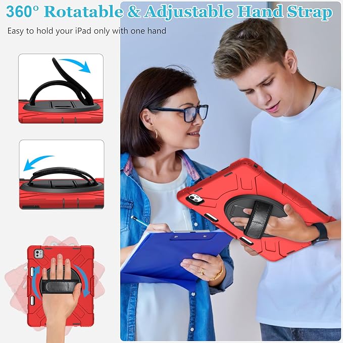 Case for iPad Pro 13 Inch M5 2025/ M4 2024: Military Grade Cover for iPad Pro 13 with Screen Protector - Stand - Handle - Shoulder Strap - Pencil Holder- Red