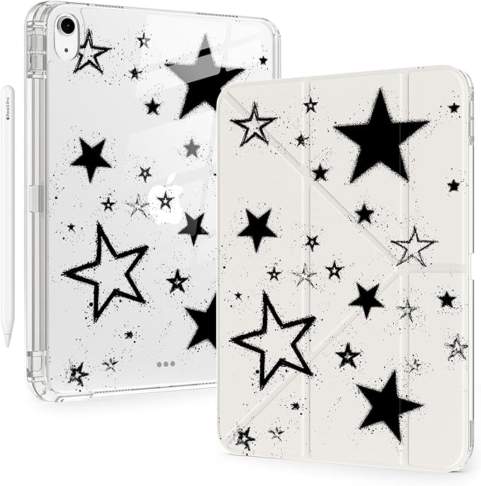 Cute Y2K Black Star for iPad Pro 11 Inch Case (M5/M4) 2025/2024 with Pencil Holder Auto Sleep/Wake White Leather Acrylic Back Detachable Cover