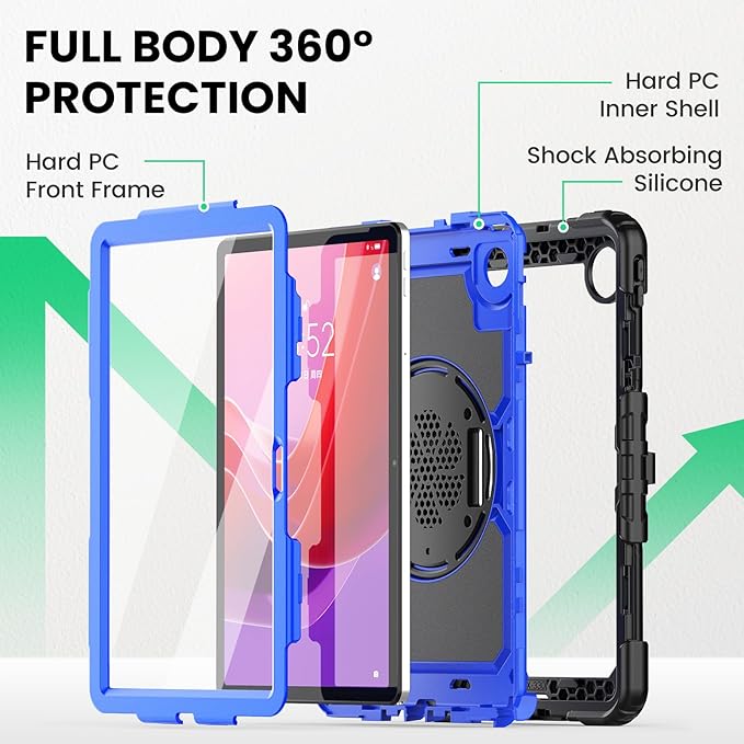SEYMAC Case for Lenovo Tab M11/K11 11 Inch Heavy Duty Shockproof Protective Case with Screen Protector 360° Rotating Stand Hand/Shoulder Strap and Pen Holder Blue