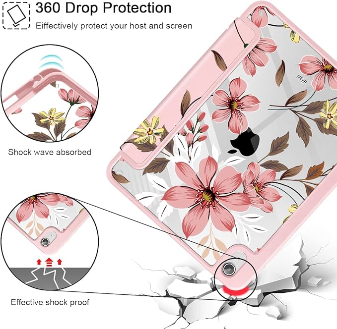 Mektron Case for 2026 iPad Air 13 inch M4 Cover Compatible 2025 iPad Air 13 inch M3 2024 iPad Air 13 inch M2 with Pencil Holder Shockproof Clear Shell Floral C293