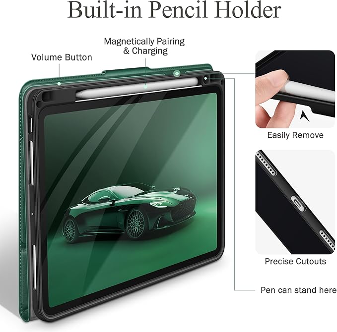 auaua Case for iPad Pro 11 Inch (M5/M4) 2025/2024 with Pencil Holder and Pocket Multiple Angles Viewing Magnetic Closure Auto Sleep/Wake (Green)