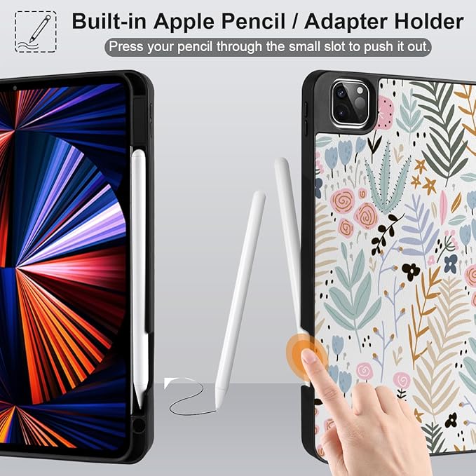 DONGKE Case for 2022/2021/2020/2018 iPad Pro 11 inch Gen 4/3/2/1 - Slim Protective Case - Built in Pencil Holder Support Charging - Trifold Stand &amp Sleep/Wake Cover - Tiny Flowers