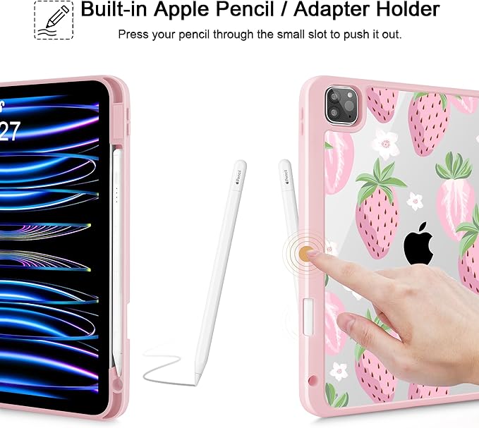 May Chen for iPad Pro 11 inch M2 4th Generation 2022 iPad Pro 11 3rd/2nd/1st Gen Built-in Pencil Holder with Shockproof Cover Clear Transparent Back Shell Auto Wake/Sleep Strawberries