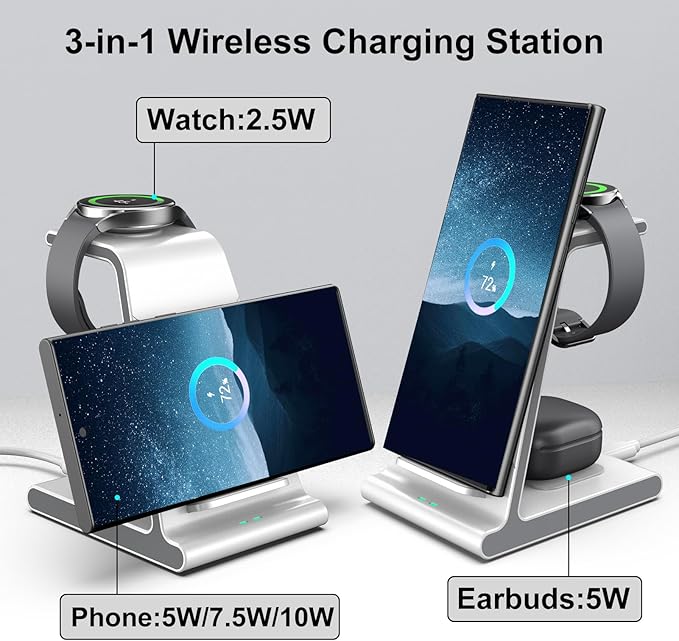 Wireless Charger for Samsung S25 Ultra Charging Station for Galaxy S25/S25 Edge/S24 Ultra/S24+/S24/S23/S22/Note 20/Z Flip 7/Fold 7 for Galaxy Watch 8/8 Classic/Ultra/7/6 Galaxy Buds 2 Pro/Pro