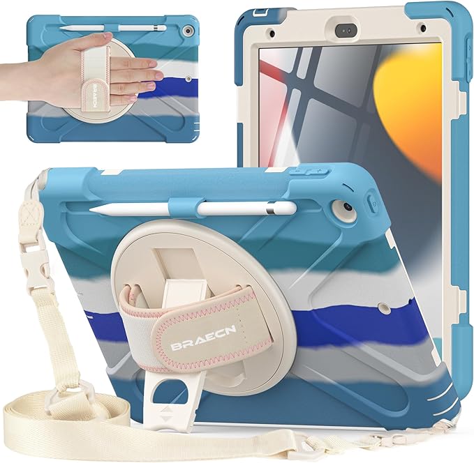 BRAECNstock for Apple iPad 9th/ 8th/7th Generation Case 10.2 2021/2020/ 2019 Shockproof Protective Case with Screen Protector Pencil Holder 360° Rotating Hand Strap + Stand Colorful Blue