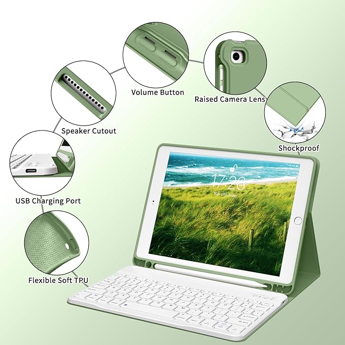 Kenke for iPad 6/5th Generation Case with Keyboard 9.7 Inch 2018/2017 iPad Air 2/1 Detachable Wireless Bluetooth iPad Keyboard Case with Built-in Left Side Pencil Holder Auto Wake/Sleep(Matcha Green)