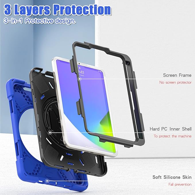 ZenRich Shockproof Case for iPad mini 7 (A17 Pro) 2024/ iPad mini 6th 2022 Heavy Duty Rugged Case with Pencil Holder/360°Rotating Kickstand/Handle/Carrying Shoulder BeltBlue