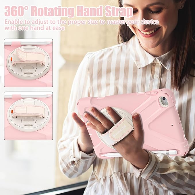 BRAECNstock Kids Case for Apple iPad mini 5/4 7.9 2019/2015 Shockproof Protective with Pencil Holder Rotating Stand &amp Hand StrapShoulder Strap Case for iPad mini 5th/4th Gen Sakura Pink