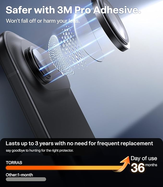 TORRAS 3-Year Ultimate Durability for iPhone Air Camera Lens Protector-1:1 Invisible Fit &amp Ultra Clarity Military-Grade 9H+ Aerospace Glass Anti-Scratch Easy InstallationBlack