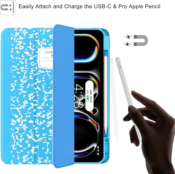 Soke Case for New iPad Pro 13 Inch (M5/M4 2025/2024 Release) with Pencil Holder Trifold Stand Shockproof [Support Apple Pencil Charging + Auto Wake/Sleep] Soft TPU Back Cover Book Blue