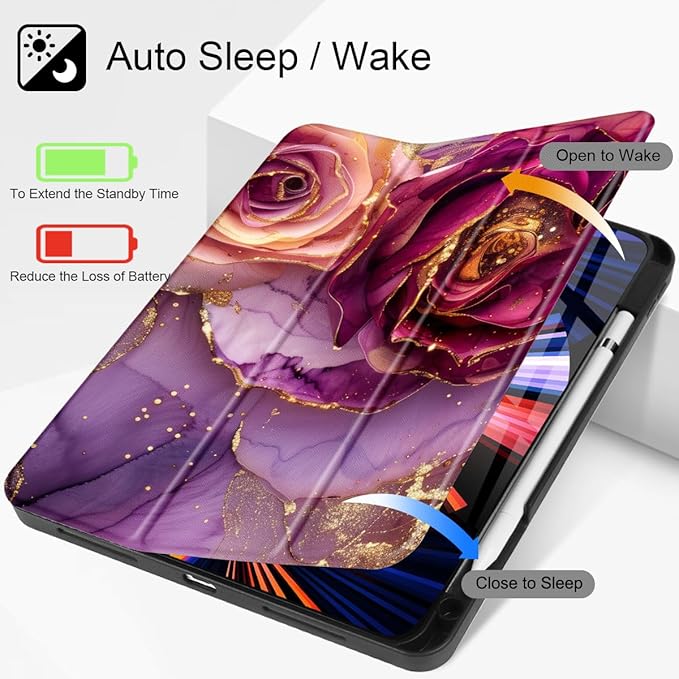 Mektron for iPad Pro M2 11-inch 4th/ 3rd/ 2nd/ 1st Gen Case 2022 2021 2020 2018 with Pencil Holder Tablet Cover with Soft TPU Back Cover for 11 inch iPad Pro Marble Flowers