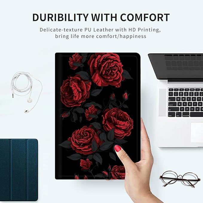 for iPad Pro 13 Inch Case M4 2024 7th Generation for Women Men PU Leather Slim Lightweight Folio Kickstand Multi-Angle Stand Smart Protection Shell Cover with Auto Wake/SleepRed Roses