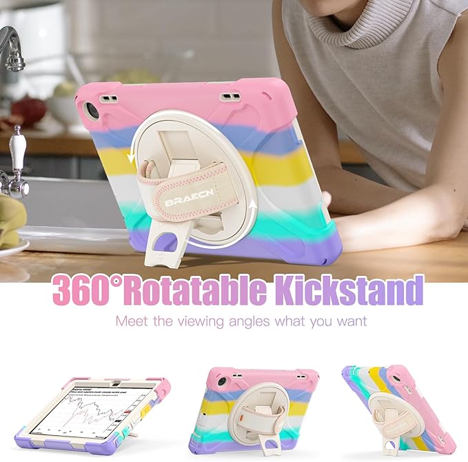 BRAECNstock Kids Case for Amazon Fire HD 8 Tablet 12th Generation 2024/2022 8 inch with Rotating Hand Strap + Stand Shouler Strap Pen Holder Shockproof Protective Kindle Fire HD 8 Case - Colorful Pink