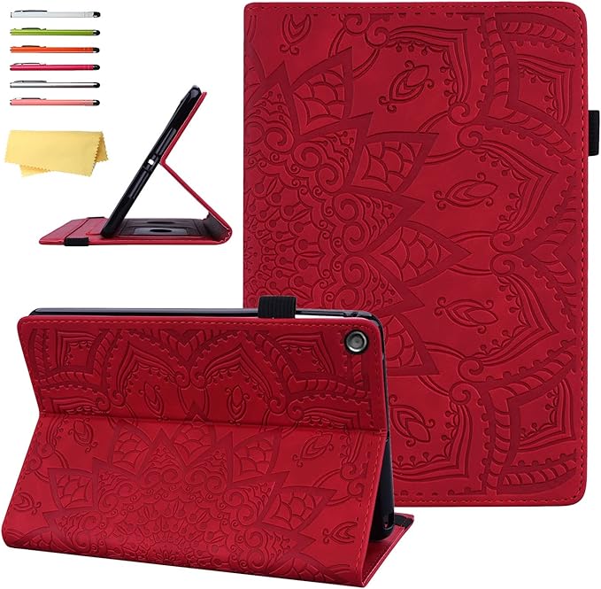 Fire HD 10 Case 9th/7th Generation (2019/2017) 10.1 with Pencil Holder Elastic Band Pocket Multi-Angle Stand Magnetic Folio Wallet PU Leather TPU Shockproof Cover Red Paisley Flower