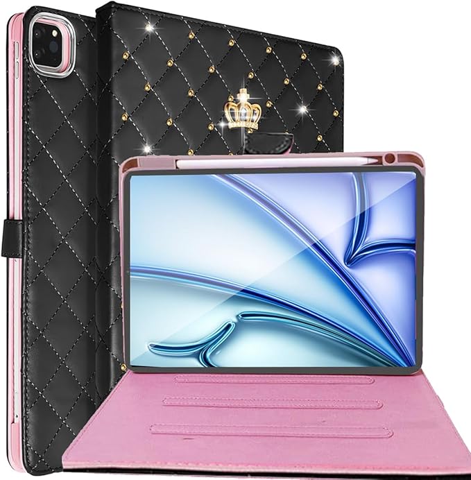 for iPad Air 11 Inch Case M4 (2026)/M3 (2025)/M2 (2024) iPad Air 5th/4th Gen 10.9 (2022/2020) with Pencil HolderGirly Cute Crown Diamond Elegant Auto Sleep/Wake Stand Protective CaseBlack